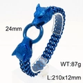 Blue plated stainless steel Viking double wolf head woven bracelet with metal ring clasp - Blue / 21cm