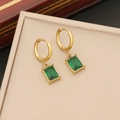 Gold hoop earrings with emerald green rectangular pendants on a beige jewelry case - 3# Earrings