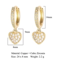 Detail view of gold heart drop earrings with cubic zirconia inlay and measurements - Gold Heart