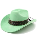 Detail of mint green suede cowboy hat featuring brown leather band with embossed metal studs - Fruit Green