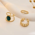 Three-piece gold titanium steel ring set with green gemstone and hollow chain texture - J798-Green Gemstone Gold 3-Piece Set