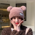 Cute pink teddy fleece knitted hat with bear ears and logo tag for winter warmth - Light Coffee