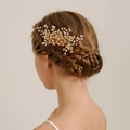 Elegant gold bridal hair comb with handmade metal leaves and white faux pearls on model - 12# Gold Hair Comb