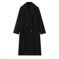 Classic double-breasted long black wool jacket for women with lapel collar and pockets - Black