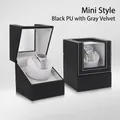 Single watch winder in black PU leather with white stitching and transparent window - 1+0 Black PU + Grey Flannel