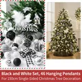 46-piece black and white Christmas tree ornament set featuring striped balls and bows - 150cm Christmas Tree Accessory Pack / Black & White