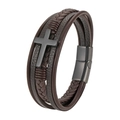 Brown multi-layer braided leather bracelet with black cross and magnetic clasp - Black