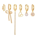 Golden earring set with bow, heart, long tassel, zircon and pearl accents for women - 6-Piece Set / Gold
