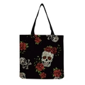 Detail of the high-quality canvas fabric with skull and red rose prints on the tote bag - Black Background Colorful Sugar Skull and Red Roses (hm6637)