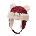 Winter leopard print kids hat with plush ear flaps and cartoon puppy patch in red - Dark Red Cartoon Dog Style (Dark Red E)