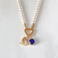 Élégant collier de perles avec lettre D en acier or 14K et pendentif pierre bleue - Lettre D / Or