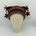 Handmade red and green striped crochet cat ear beanie with star tassels decorations - Red Green Stripes