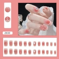 Pink gradient press-on nails with 3D bows and pearls in short square shape, Z830 model - Z830 Romantic Girl