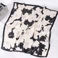 Elegant off-white satin square scarf with black floral print and contrast border - 90*90cm / Black and White Floral