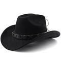 Détail d'un chapeau de cowboy en daim noir avec une bande décorative en cuir tressé - M (56-58cm) / Noir