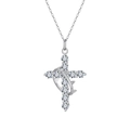 Elegant silver crown cross necklace with sparkling cubic zirconia stones on white background - Silver