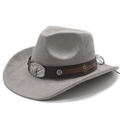 Detail of grey suede western cowboy hat with brown leather band and bull head buckle - M (56-58cm) / Gray