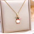 Christmas gnome necklace with red green enamel hat and pink heart stone in gold finish - Santa Claus / Gold