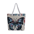 Close-up of vibrant butterfly embroidery and floral details on beige canvas shoulder bag - Large Butterfly
