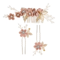Elegant dusty pink flower hair comb and pins set with gold leaves and pearls - Set 6 (3pcs) / Pink