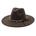 Detail of coffee wool fedora hat featuring a gold chain band with a black ribbon bow - M (56-58cm) / Brown