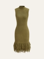 Detail view of olive green knit dress featuring high neck and long fringe tassel hemline - S / Olive Green