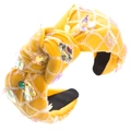 Detailed view of yellow knotted headband with colorful sequins and white mesh overlay - Sequin Knot Style / Yellow