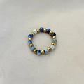 Elastic beaded ring featuring blue natural stone and gold stainless steel beads - Natural Blue Dot Stone