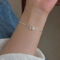 Elegant aurora crystal and silver beaded bracelet with pearl charm on woman's wrist - Silver Double Chain Round Bead Pearl (MY38005)