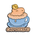 Cute capybara enamel pin featuring a capybara in a cappuccino cup with a small bird - Blue Cup Cappyccino Capybara