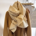 Elegant beige pleated scarf with vertical texture draped over a brown autumn coat - Cream