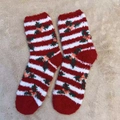 Christmas coral fleece socks with red and white stripes and festive holly pattern - One Size / New Striped Flower