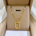 Double layer gold titanium steel choker with hammer-finished rectangular pendant - N228 Double Layer Hollow Rectangle Gold