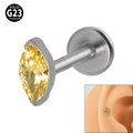 Silver G23 titanium labret stud with a yellow marquise-cut opal gemstone inlay - 1.2x6mm / NO 6 (Yellow Zirconia)