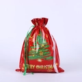 Detail of red Christmas drawstring gift bag with gingerbread man and tree prints - 51*39 Christmas Tree