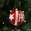 8cm red Christmas ball with white stars and glitter hanging on a festive pine tree - Red