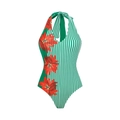 Dettaglio fiori tropicali su costume da bagno intero a righe verdi con scollo halter - S / Costume da Bagno Halter