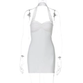 Detailed view of white lace patchwork on a halter neck bodycon mini dress - XS / White