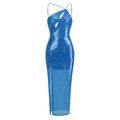 Abito da sera con paillettes blu reale con scollo all'americana e spacco alto - M / Blu