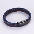 Blue and brown braided leather bracelet for men with a polished black magnetic clasp - Brown + Blue Leather Rope