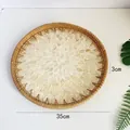 Handwoven 35cm rattan tray with inlaid seashell petals in a cream bohemian style - Gold & White Leaves / Large 35*3cm