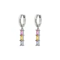 Silver geometric earrings with vertical pink yellow and lilac zircon stones on white background - Long Rainbow Zirconia White Gold Style (F1022)