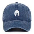 Close-up of premium washed navy cotton baseball cap with white Spartan helmet embroidery - One Size / Navy Blue