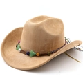 Macro detail of brown suede cowboy hat with colorful beaded band and turquoise stones - Dark Camel