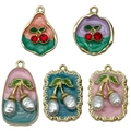Detail of French style cherry and pearl charms for DIY jewelry making with gold-plated edges - Mix 5 Pcs Oil Drip Cherry Series-SN1388