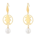 Golden girl-shaped hollow hoop earrings with white pearl pendants on white background - Gold Girl (KE79987-GC)