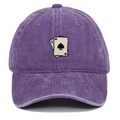 Macro detail of playing cards embroidery on a vintage washed purple baseball cap - Adjustable / Purple