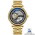 Men's automatic skeleton watch with golden steel strap and black dial by Chenxi - Gold Case Black Dial Steel Strap
