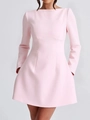 Elegant pink long sleeve mini A-line dress with boat neck and pockets for women - S / Pink