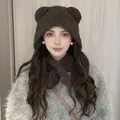 Teddy brown plush bear-ear hat and scarf set for winter ear protection and warmth - Teddy Fleece Brown